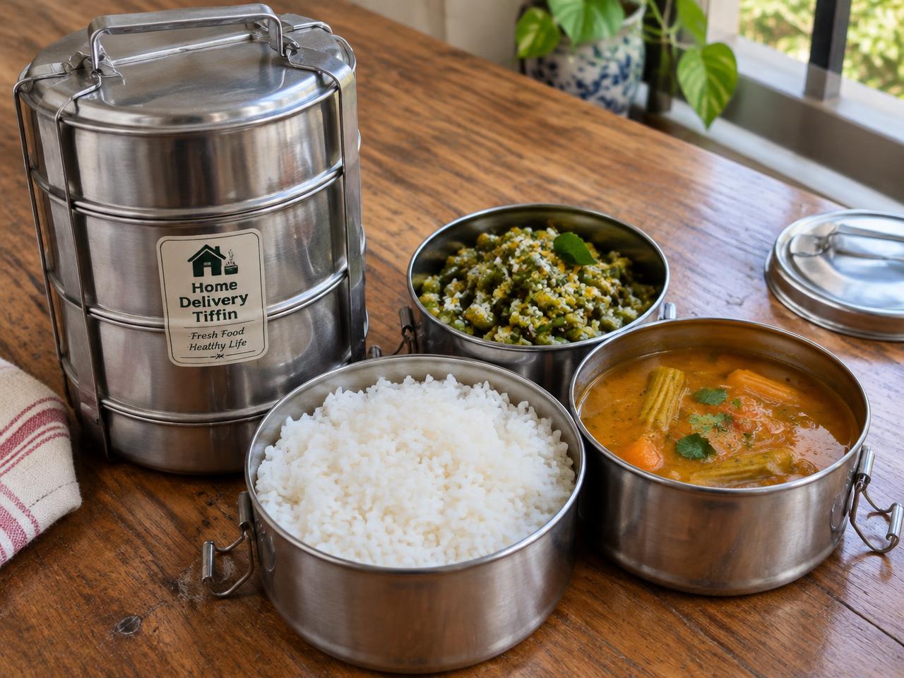 Home-style meals in a steel tiffin carrier